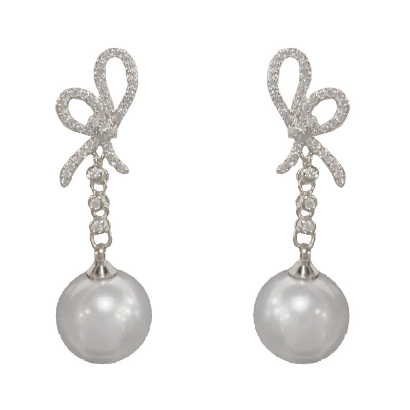 Elegant Zircon Butterfly Bow Pearl Tassel Earrings – Minimalist Design