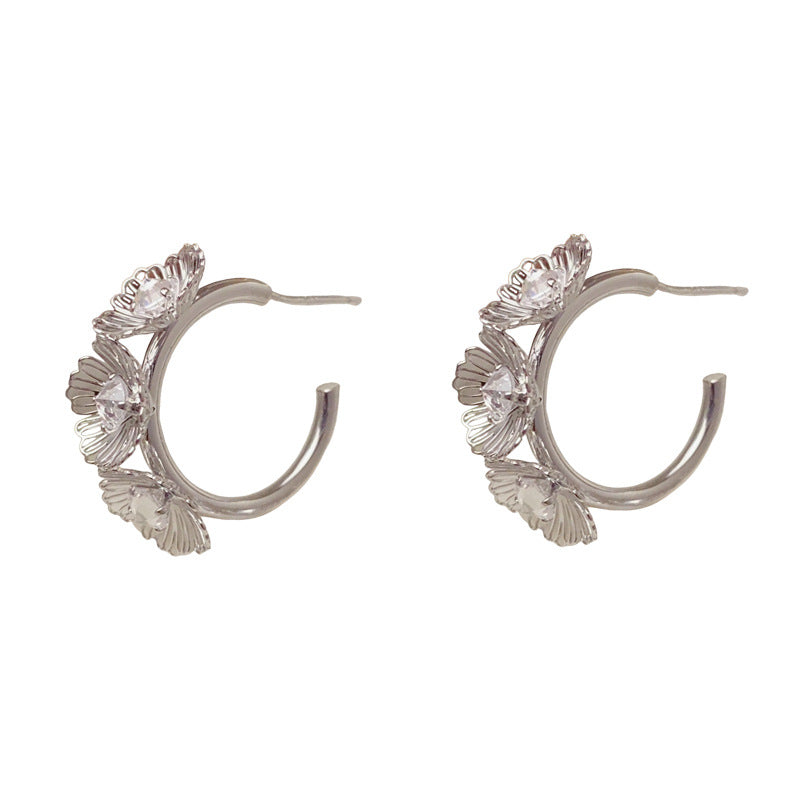 Elegant Zircon Hollow Petal Hoop Earrings – French Floral Design