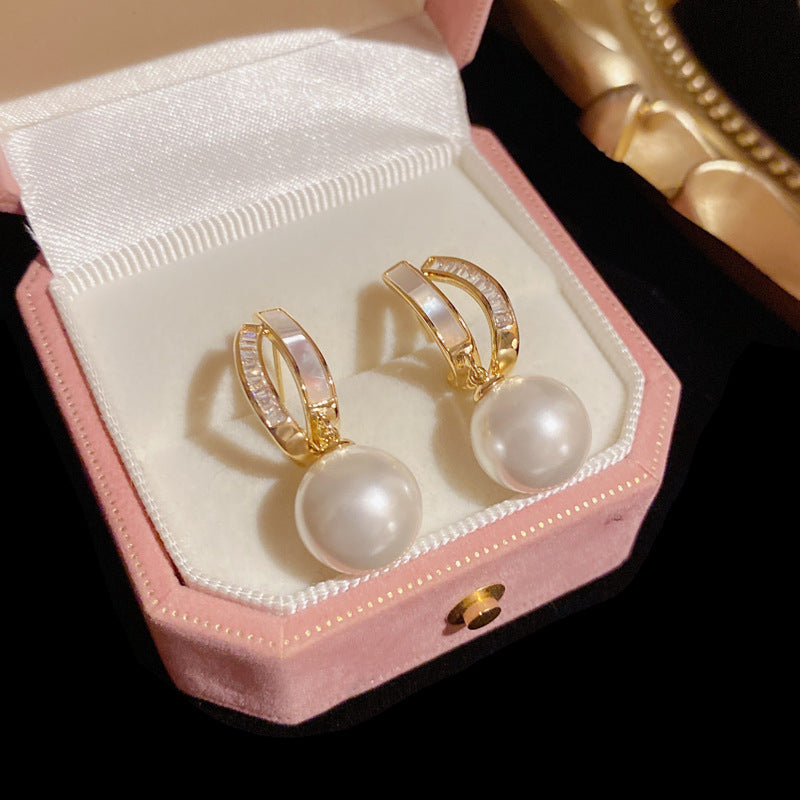 14k Gold Plated Shell Pearl Stud Earrings - Geometric Design