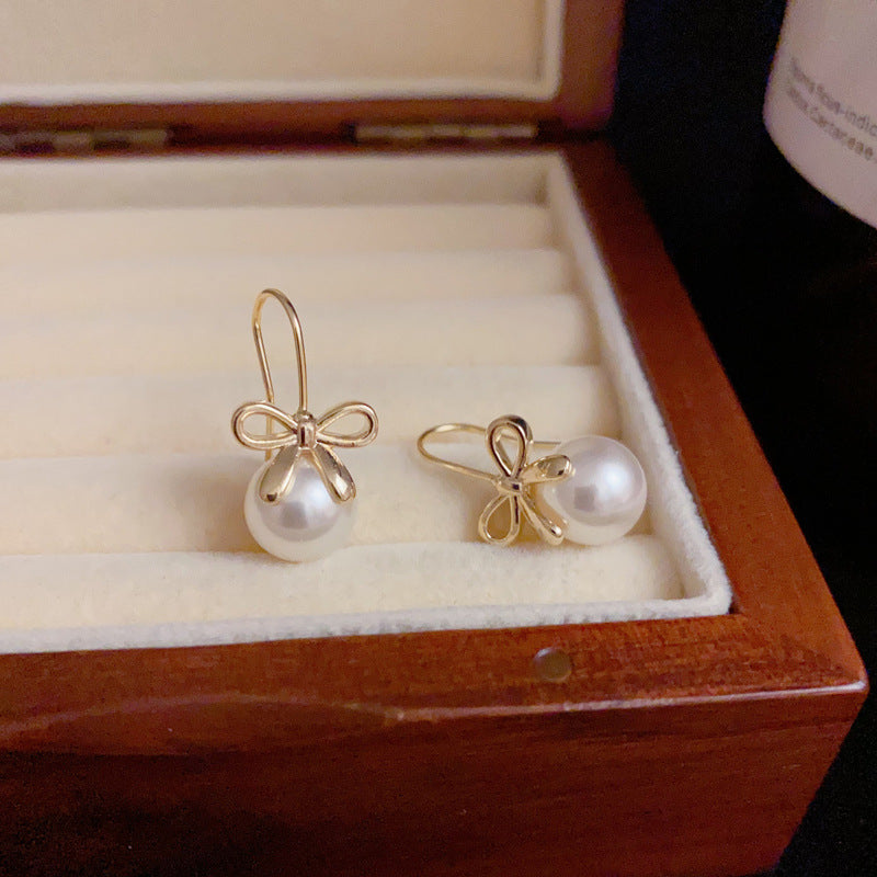 14K Gold Minimalist Metal Bow & Pearl Hook Earrings – Elegant Design