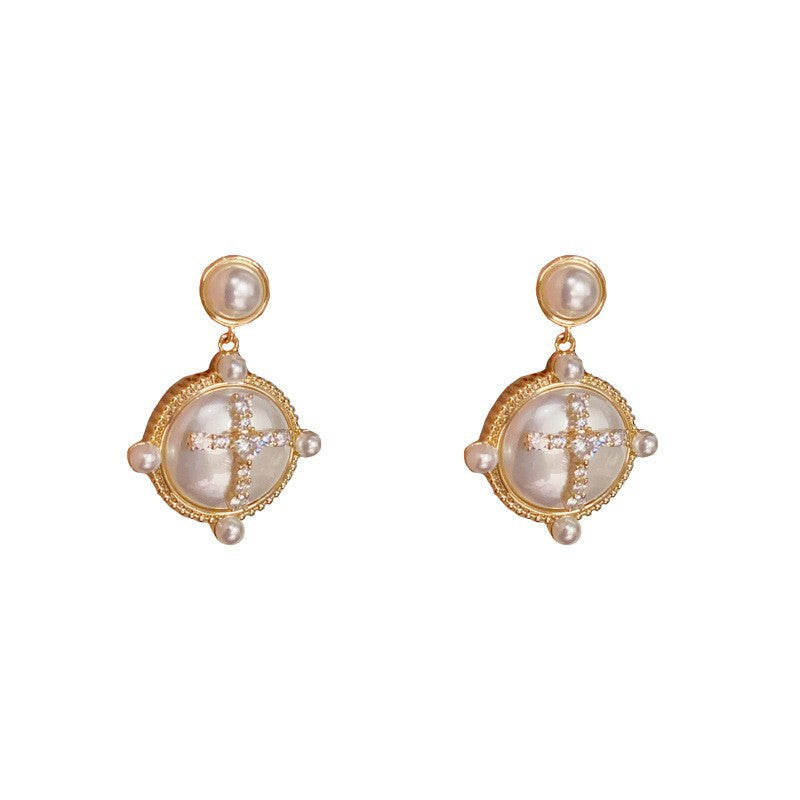 Eaioncol Cross Pearl CZ Drop Earrings Gold