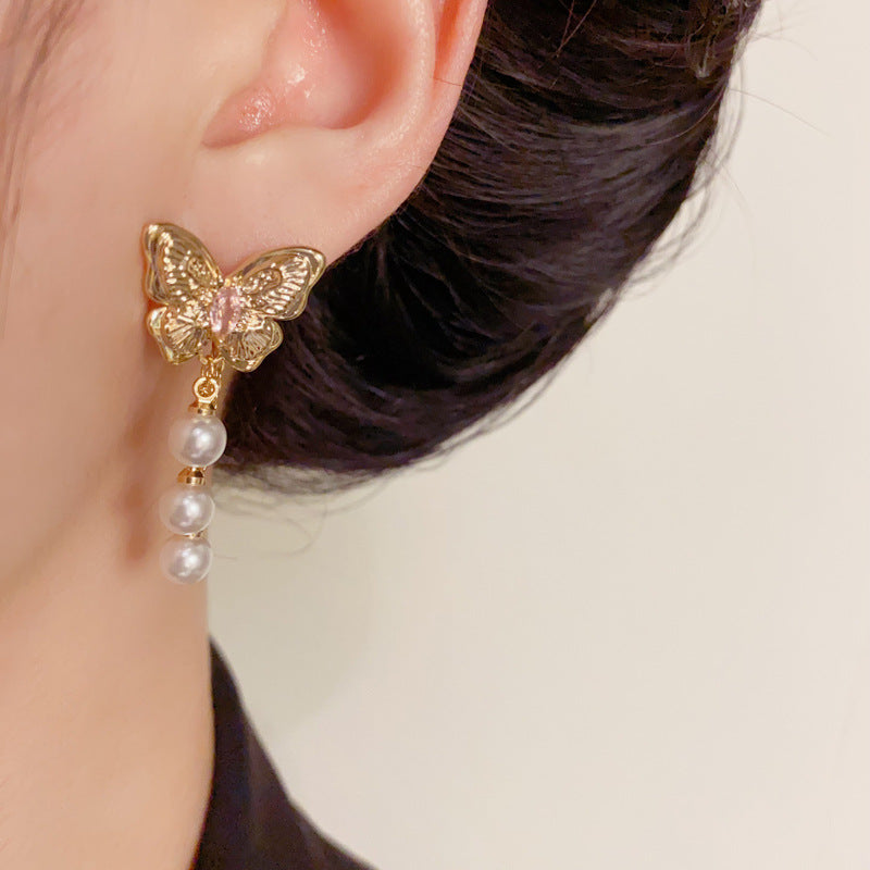 Butterfly Chain & Pearl Front-Back Drop Earrings – Elegant Design