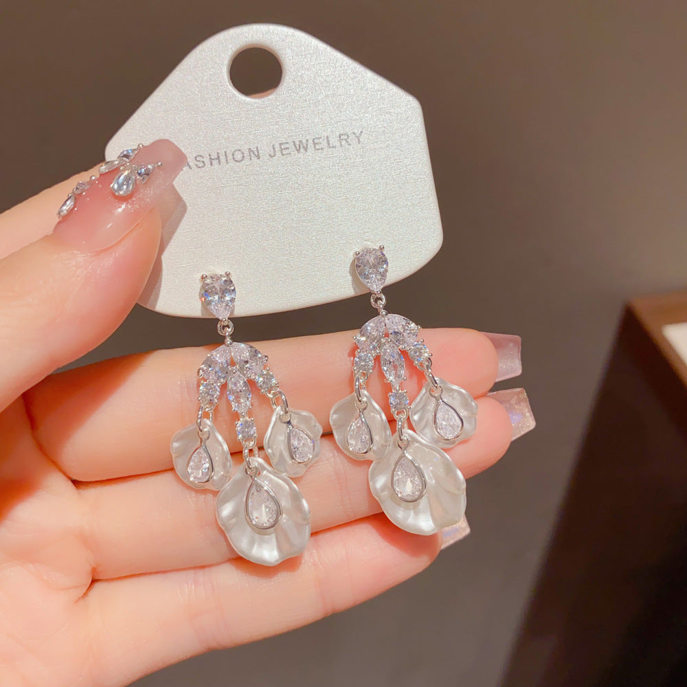 Eaioncol Silver CZ Petal Tassel Drop Earrings