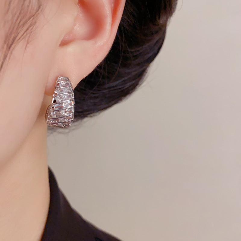Gold C-Shape Zircon Hoop Earrings – 925 Silver Post for Sensitive Ears