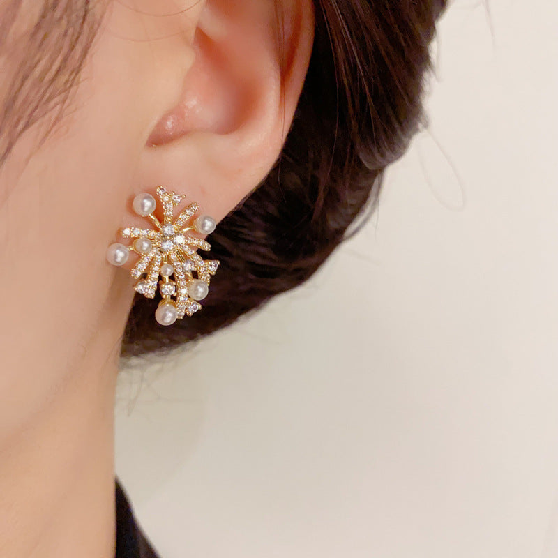 S925 Zircon Firework Pearl Stud Earrings - Elegant Minimalist Design