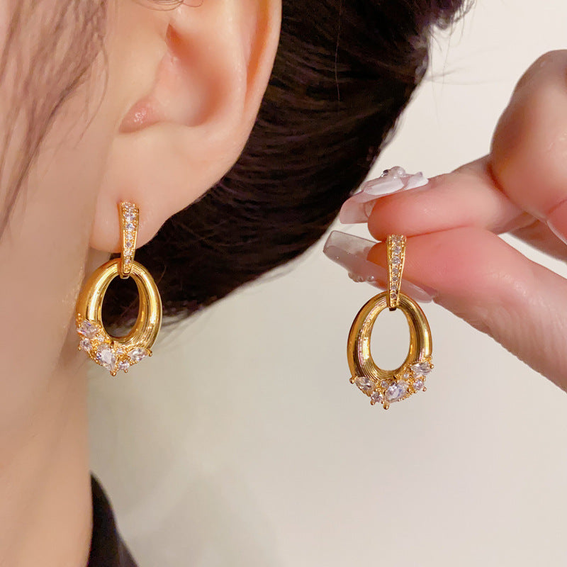 18K Gold-Plated Diamond-Studded Oval Earrings-Vintage Minimalist Style