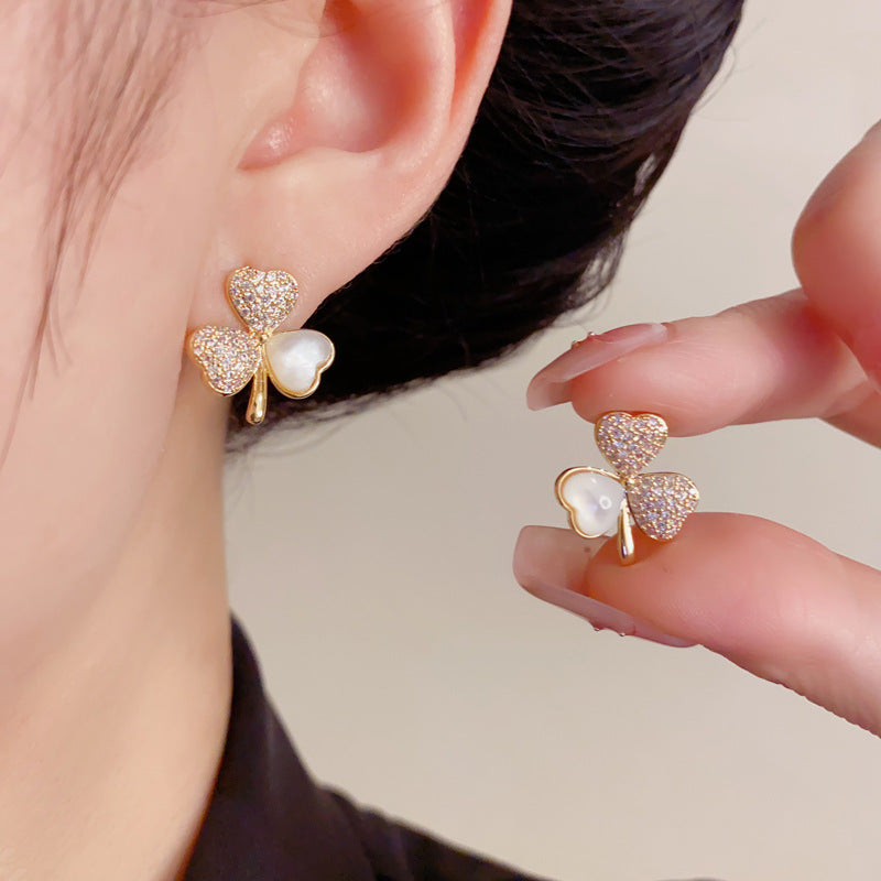 Elegant Zircon 4 Leaf Flower Stud Earrings – French Minimalist Design