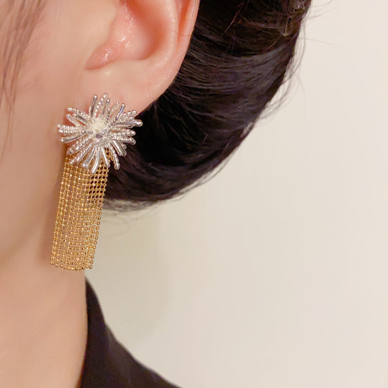 Elegant Metal Firework Dual-Wear Tassel Drop Earrings – Floral Design