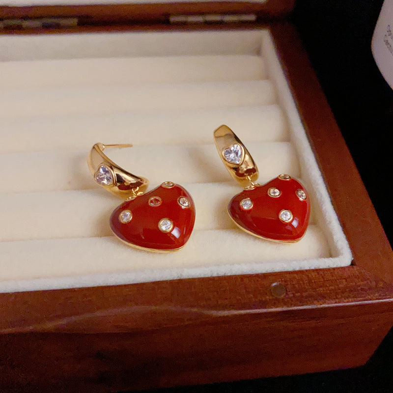 14K Gold-Plated Red Heart Polka Dot Drop Earrings - Chic & Minimalist