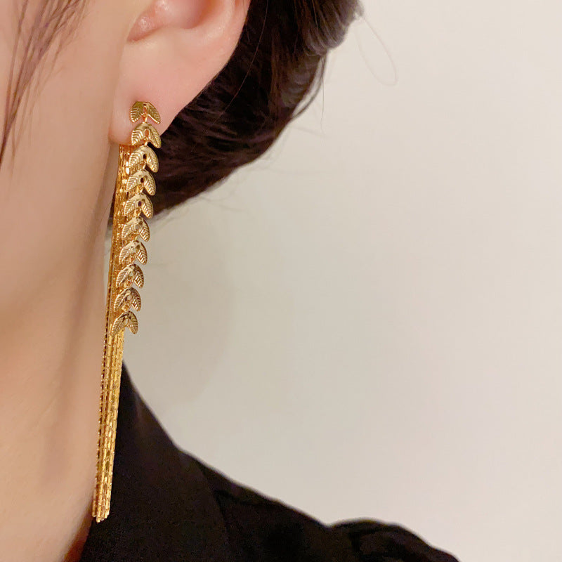 14K Gold-Plated Metal Wheat Long Tassel Earrings-Chic & Elegant Design