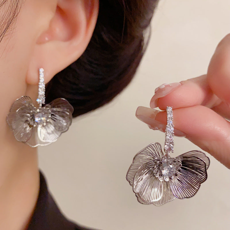 Luxury Zircon Metal Petal Drop Earrings – Bold Floral Design