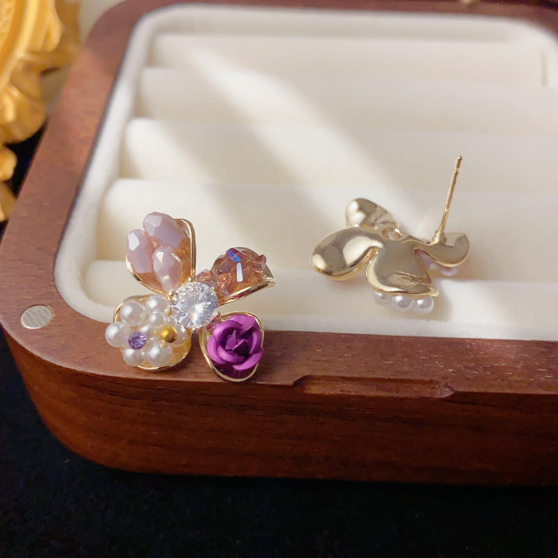 Elegant Crystal Pearl Rose Petal Stud Earrings – Floral Design
