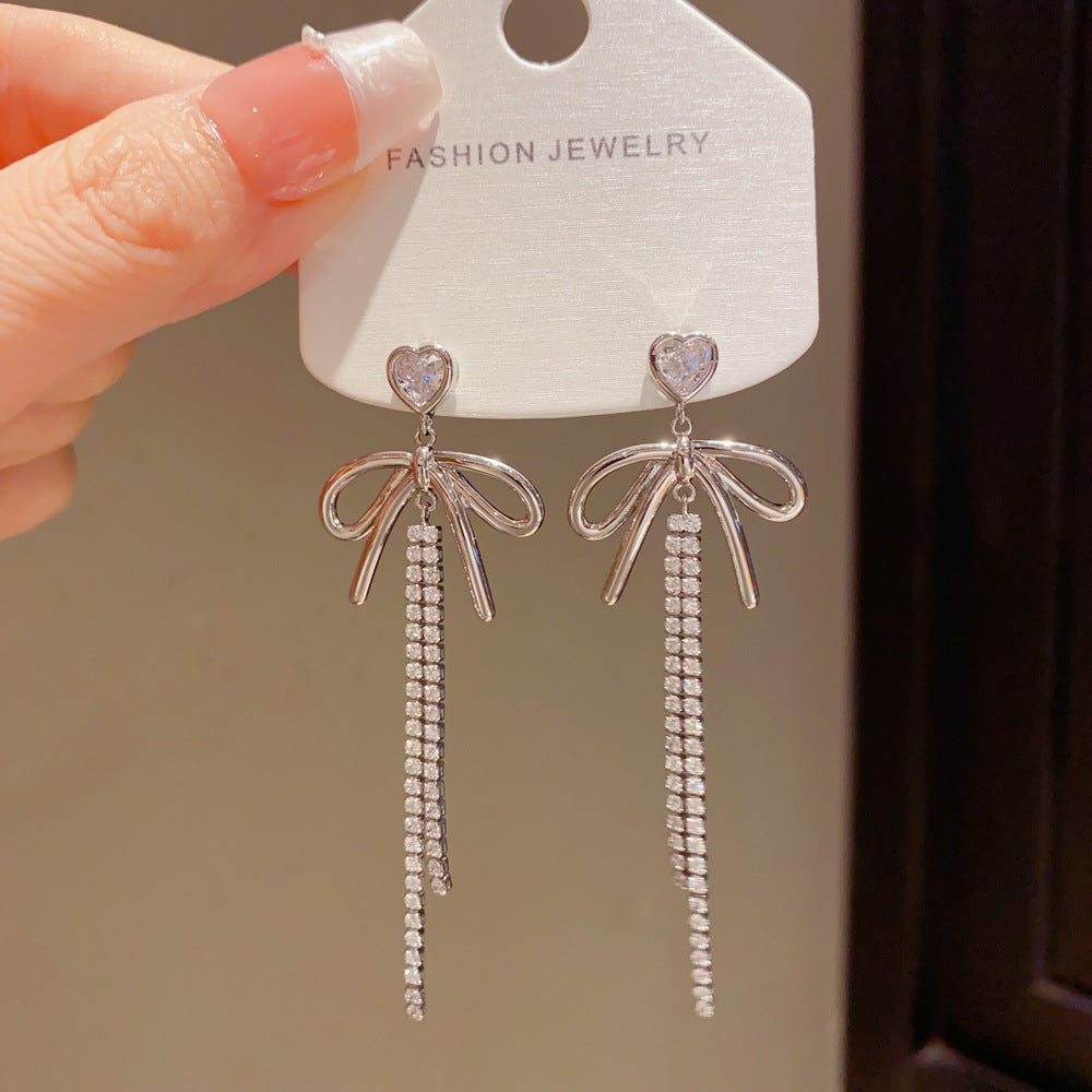 Eaioncol Bow CZ Tassel Drop Earrings Gold Silver