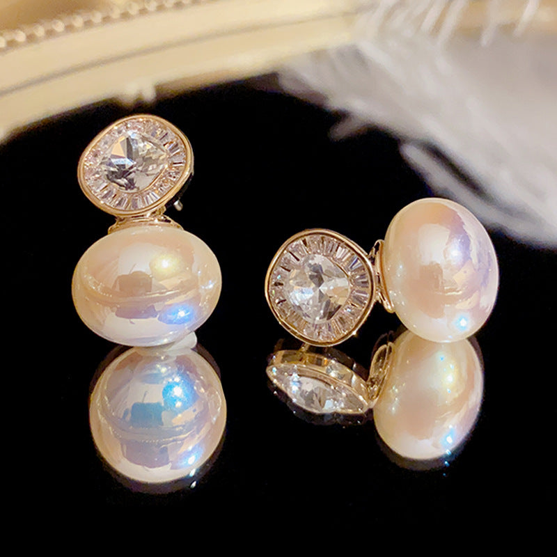 14K Gold Plated Vintage Pearl Zircon Stud Earrings with S925 Silver Posts