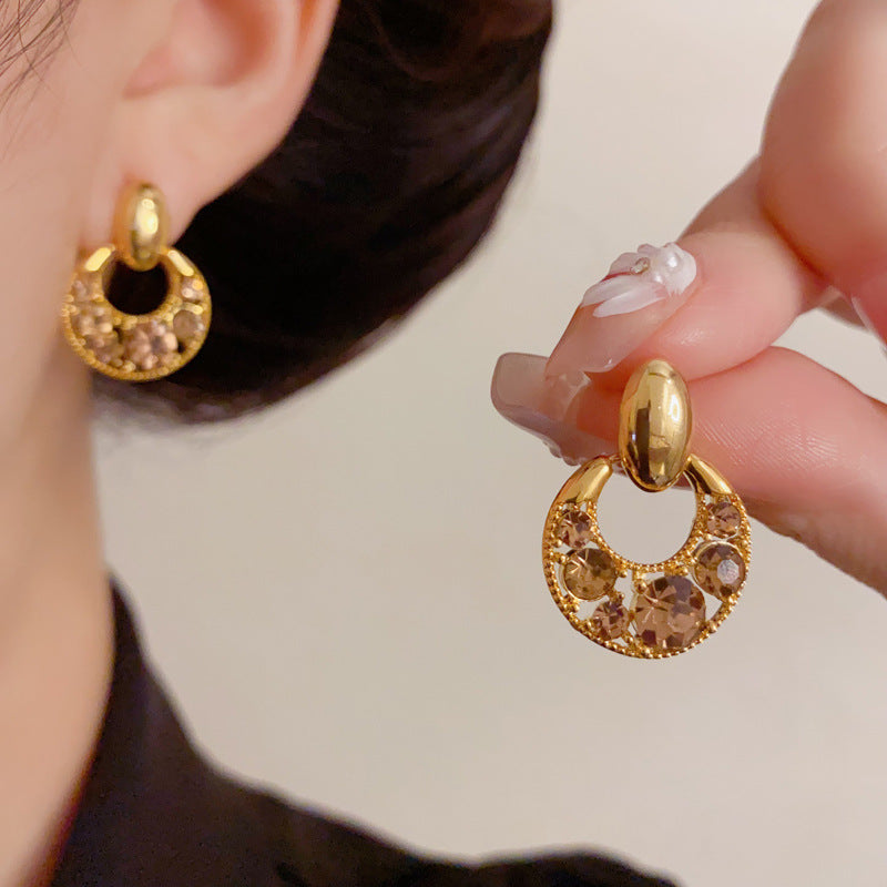 Luxury Full-Zircon Hollow Circle Drop Earrings – French Design