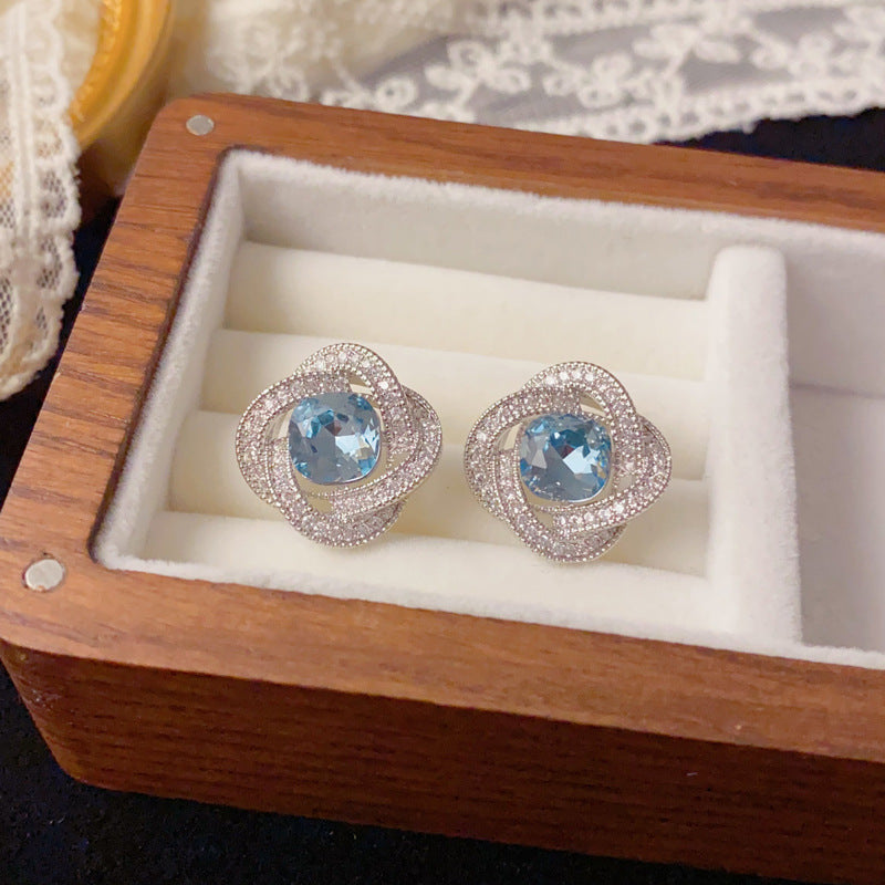 Luxury Zircon Halo Blue Diamond Stud Earrings – French Elegant Design