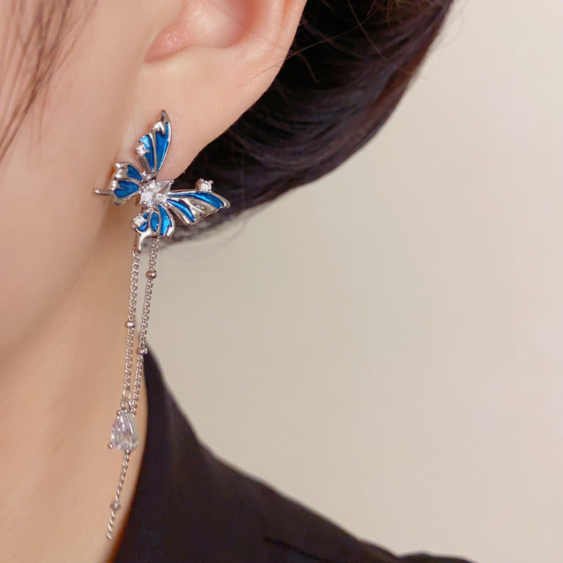 Asymmetrical Thin-Coat Butterfly Tassel Drop Earrings – Elegant Design