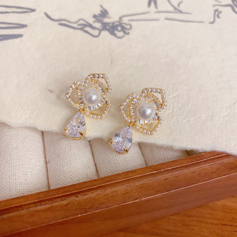 Elegant Zircon Pearl Petal Teardrop Drop Earrings – Floral Design