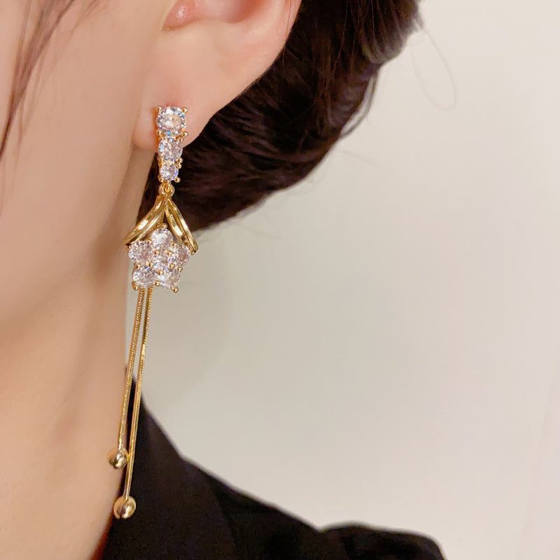 14K Gold-Plated Zircon Star Long Tassel Earrings - Elegant Design