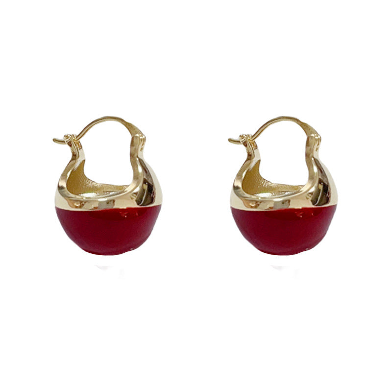 14K Gold-Plated Red Enamel Round Earrings - Chic Minimalist Design