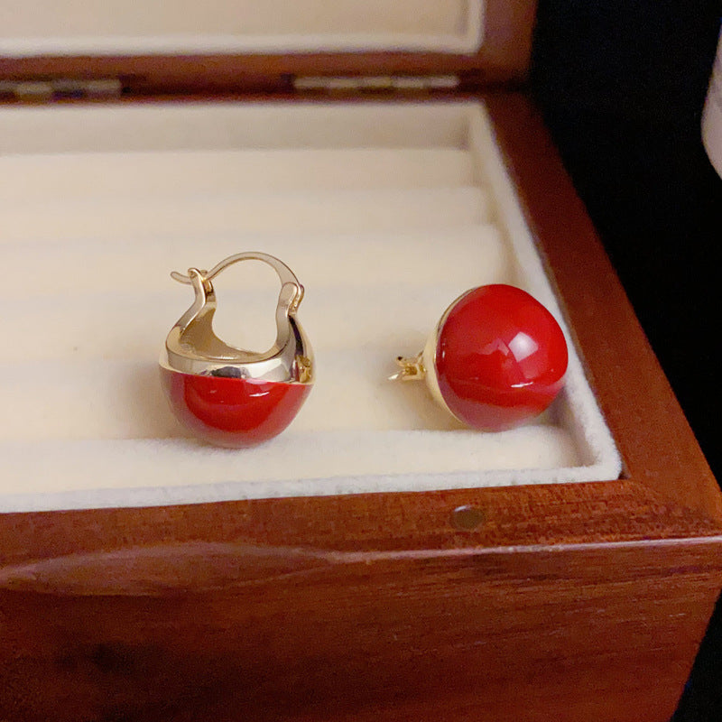 14K Gold-Plated Red Enamel Round Earrings - Chic Minimalist Design