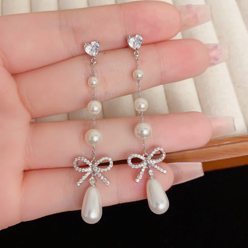 Eaioncol Bow Pearl Tassel CZ Drop Earrings Gold Silver