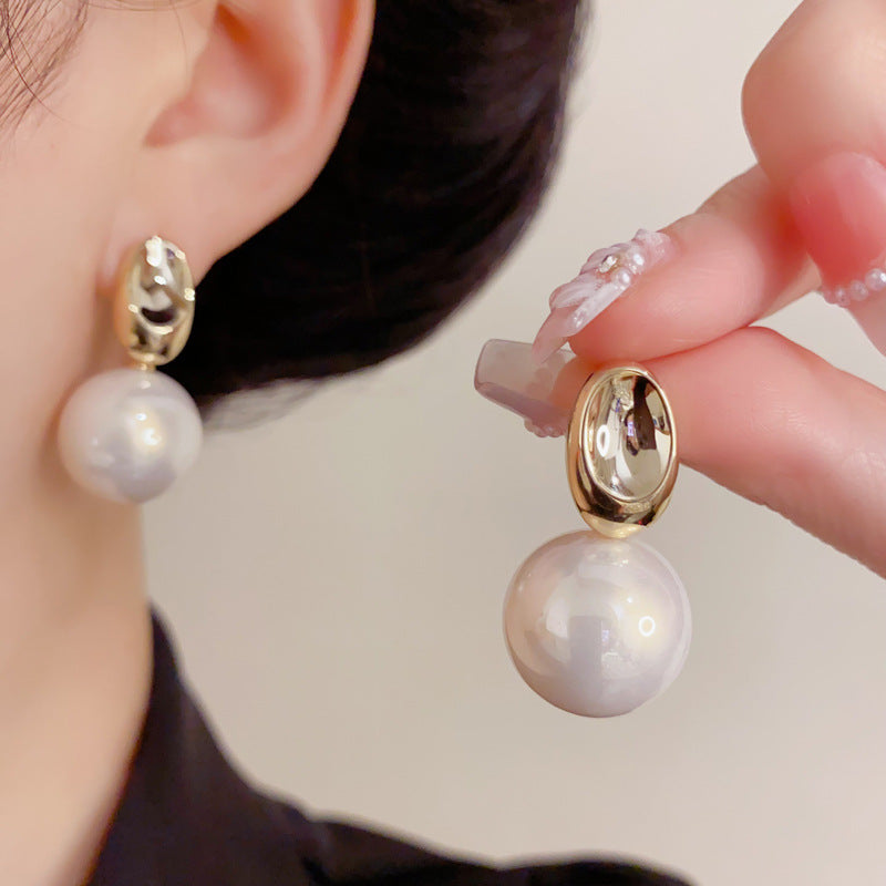 Eaioncol Metal Oval Large Pearl Drop Earrings Gold Silver