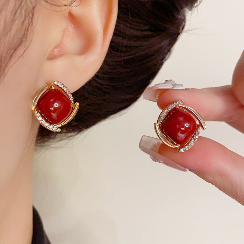 14K Gold-Plated Red Square Pearl Earrings - Vintage Minimalist Design