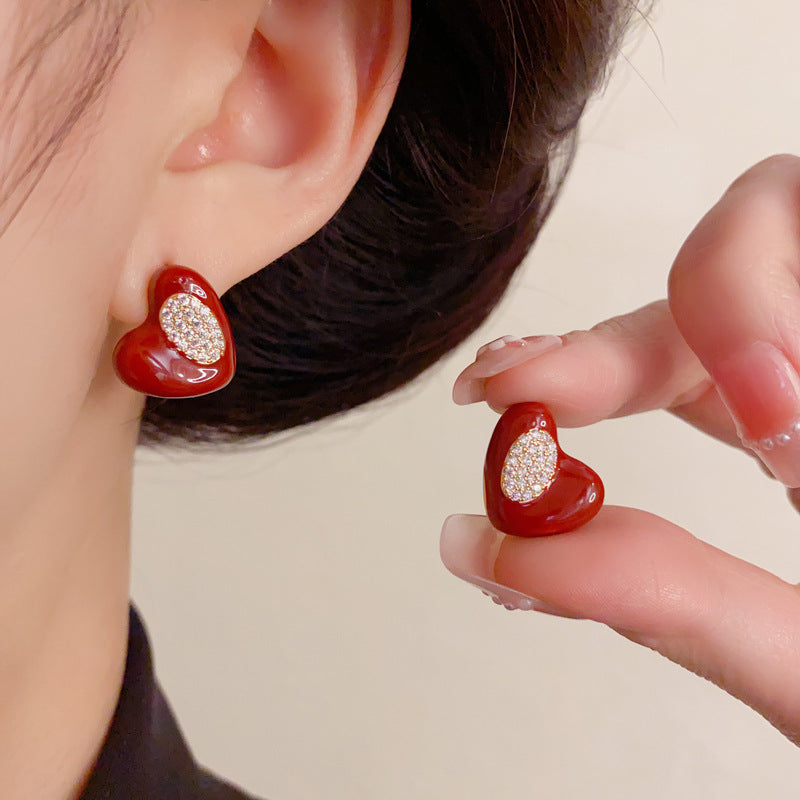 Luxury Red Enamel & Zircon Heart Stud Earrings – Elegant Design