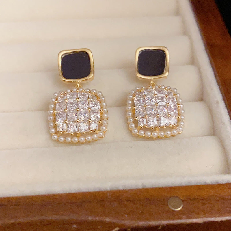 14K Gold-Plated Square Zircon Pearl Drop Earrings -Vintage Chic Design