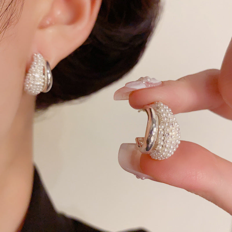Luxury Zircon & Pearl Double-Layer Stud Earrings – Geometric Design