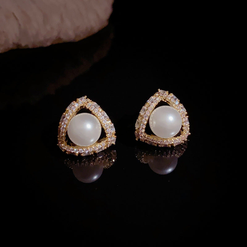 14K Gold Zircon Triangle Pearl Stud Earrings – Minimalist Chic Design