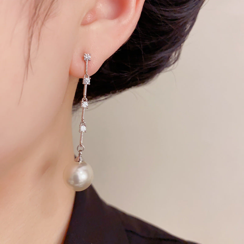 Elegant Zircon Pearl Tassel Earrings – French Ultra-Feminine Design