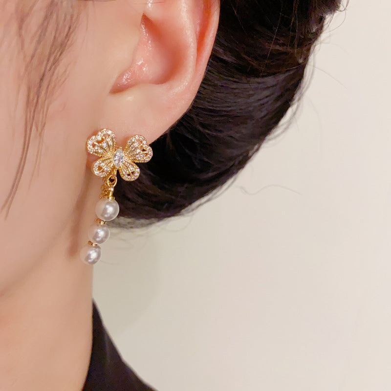 Zircon Butterfly Multi-Wear Pearl Tassel Drop Earrings– Elegant Design