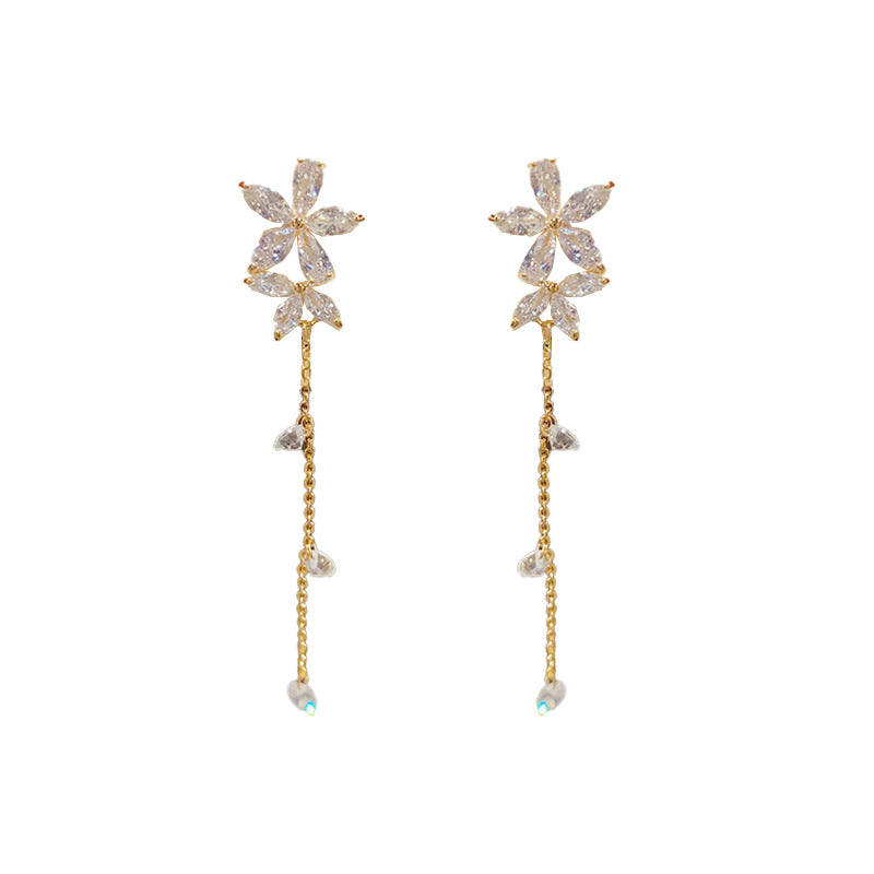 14K Gold-Plated Zircon Flower Tassel Earrings -Sweet & Elegant Jewelry