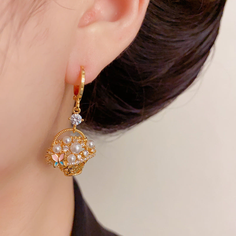 Luxury Pearl Butterfly Flower Basket Earrings – Minimalist design
