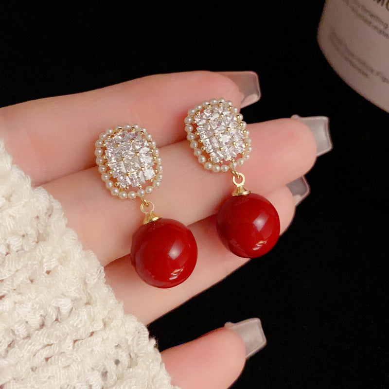 14K Gold-Plated Square Zircon Angora Red Pearl Earrings - Chic & Versatile Jewelry