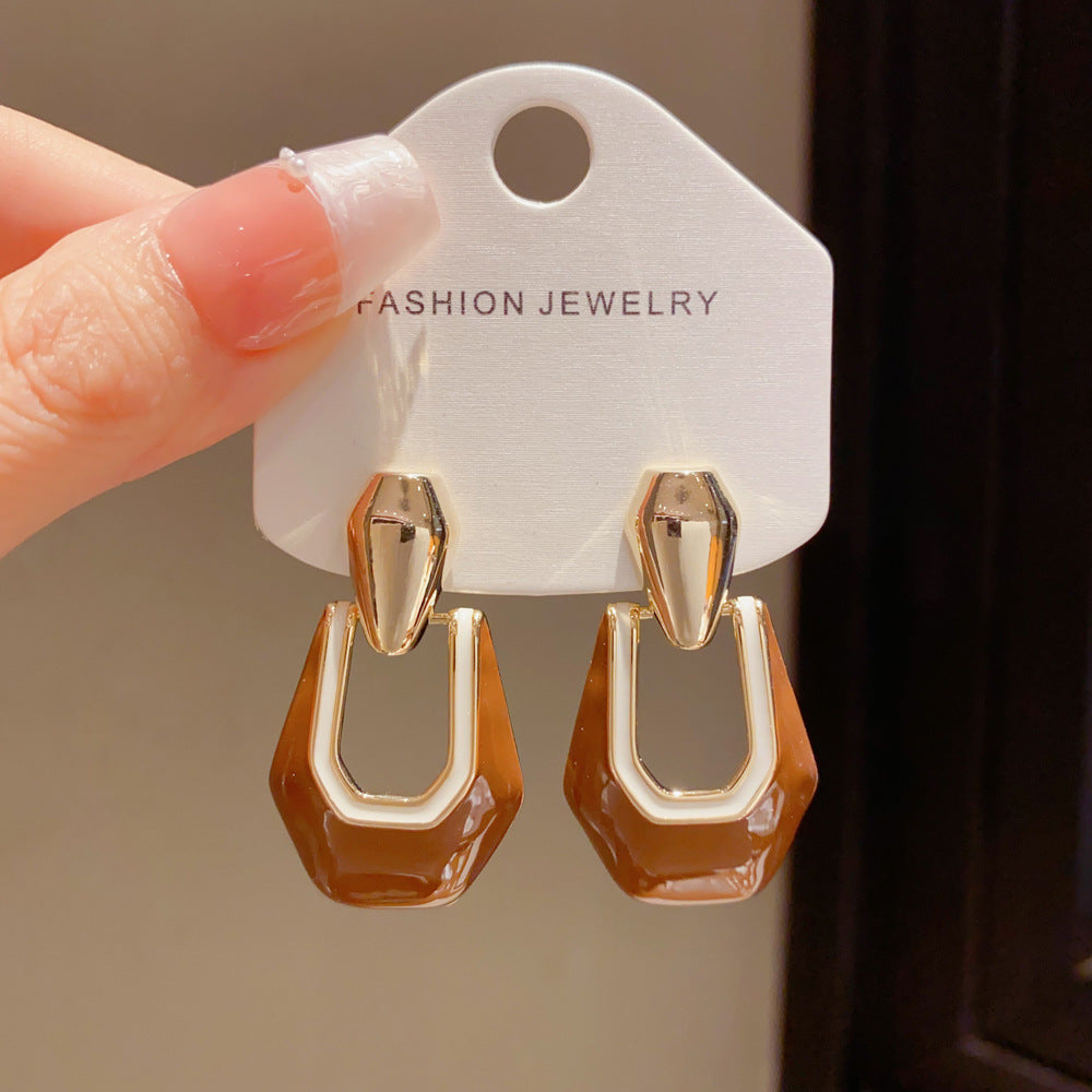 Eaioncol Geometric Enamel Drop Earrings Red Brown
