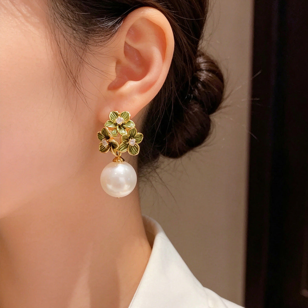 Eaioncol Floral Petal Pearl Drop Earrings 14K Gold Plated