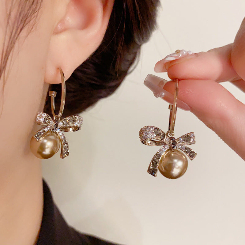 14K Gold-Plated Diamond Bow Pearl Earrings - Elegant Chic Design