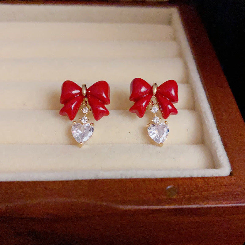 14K Gold-Plated Red Heart Earrings with Bow and Zircon - Retro Style