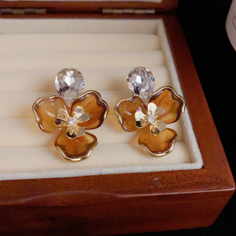 14K Gold-Plated Caramel Amber Three-Petal Flower Earrings -Minimalist