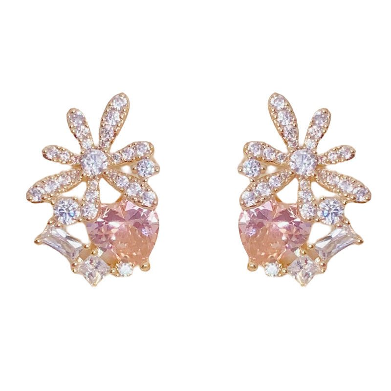 Eaioncol Floral Heart CZ Stud Earrings Gold Silver