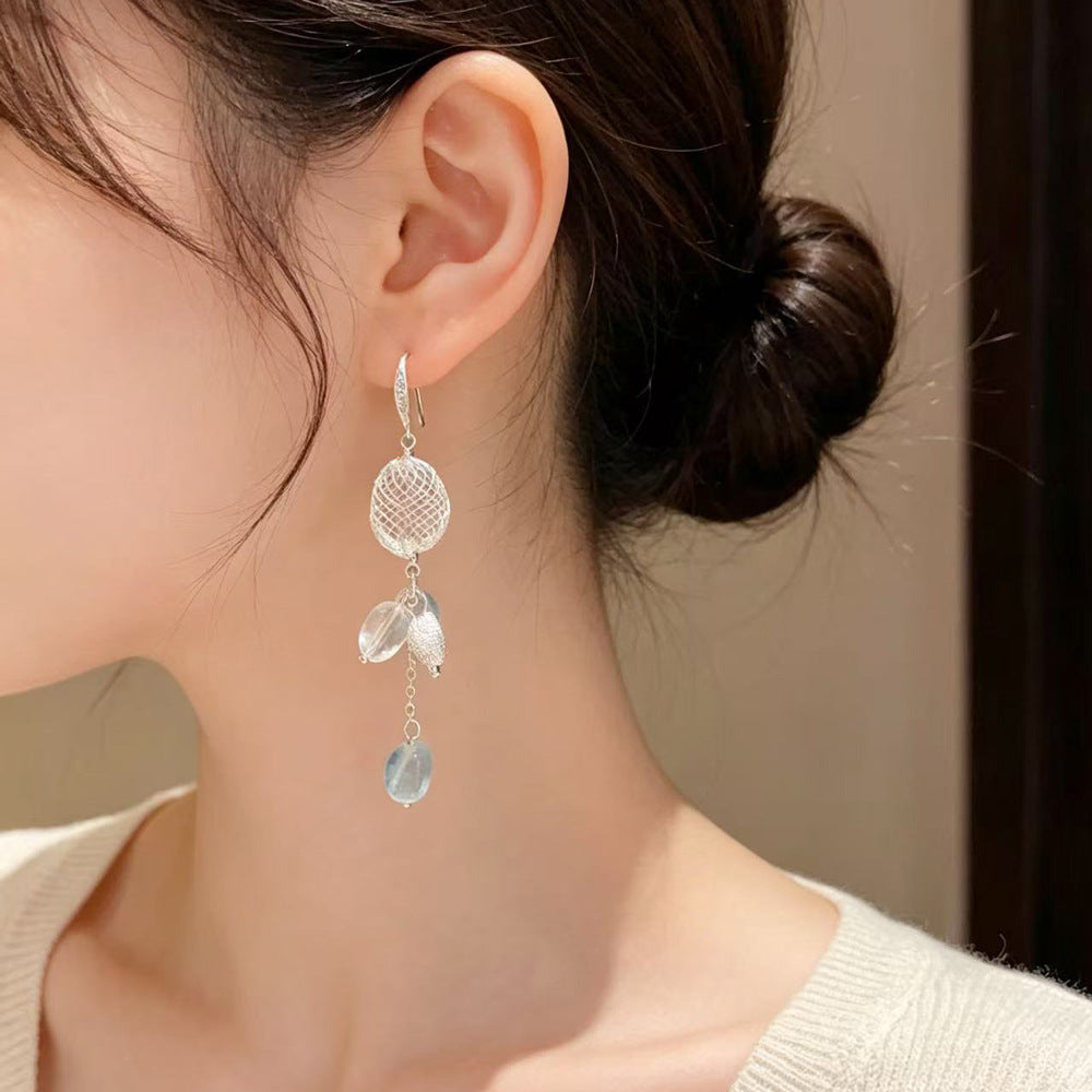 Eaioncol Korean Mesh Bead Tassel Ear Hooks Silver