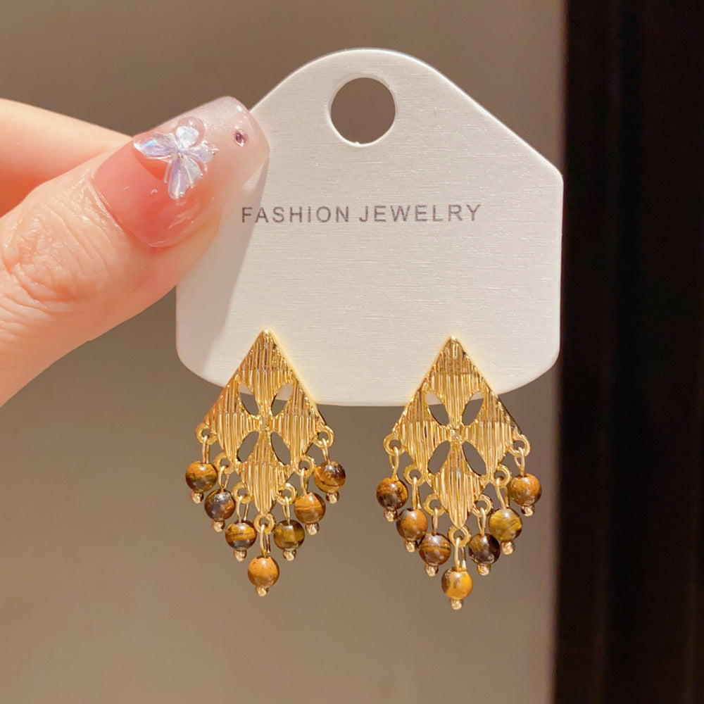 Eaioncol Rhombus Tassel Earrings Gold Pearl Tiger Eye