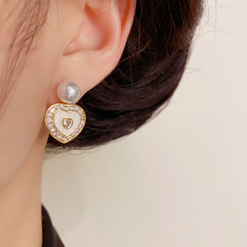 14K Gold-Plated Korean-Style Pearl Heart Drop Earrings– Elegant Design