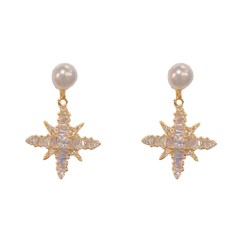 Elegant Zircon Starburst Pearl Drop Earrings – Celestial Design