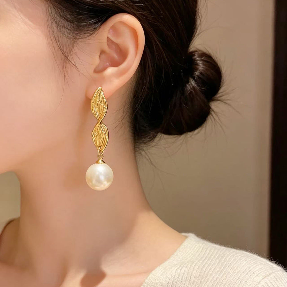 Eaioncol Metal Leaf Pearl Tassel Drop Earrings Gold Silver