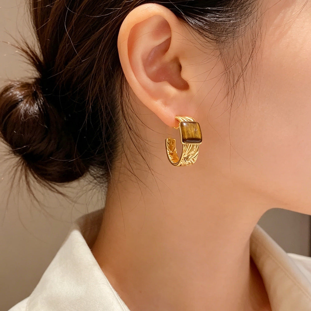 Eaioncol Square Tiger Eye Hoop Earrings 14K Gold Plated
