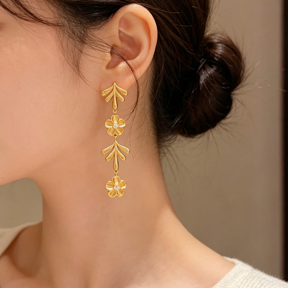 Eaioncol Floral Petal Tassel Drop Earrings 18K Gold Plated